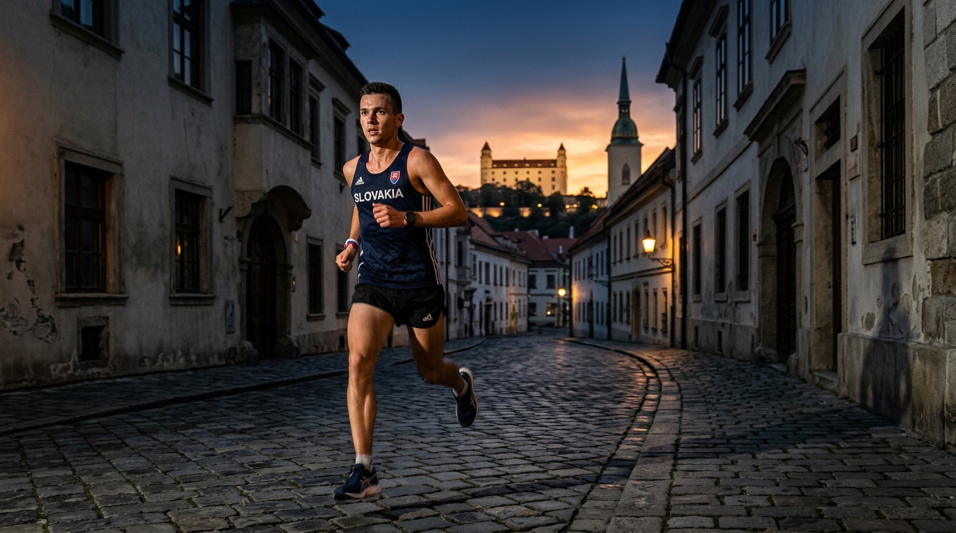 Bežec na úzkom mestskom chodníku za svitania